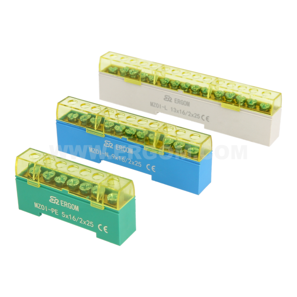 Insulated brass protective ground terminals, MZOI-…16/25 type, mounted on rails