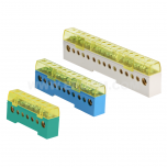 Insulated brass protective ground terminals, MZOI-…16/25 type, mounted on rails